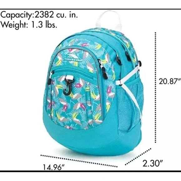 High Sierra Aqua Blue Fat Boy Toucan Tropical Over The Shoulder Logo Backpack - Picture 7 of 15